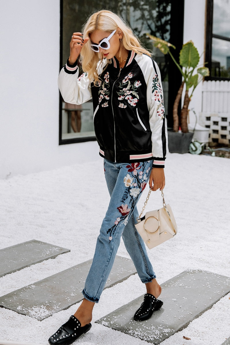 Peaceful Sakura Floral Double Sided Jacket - Black Pink