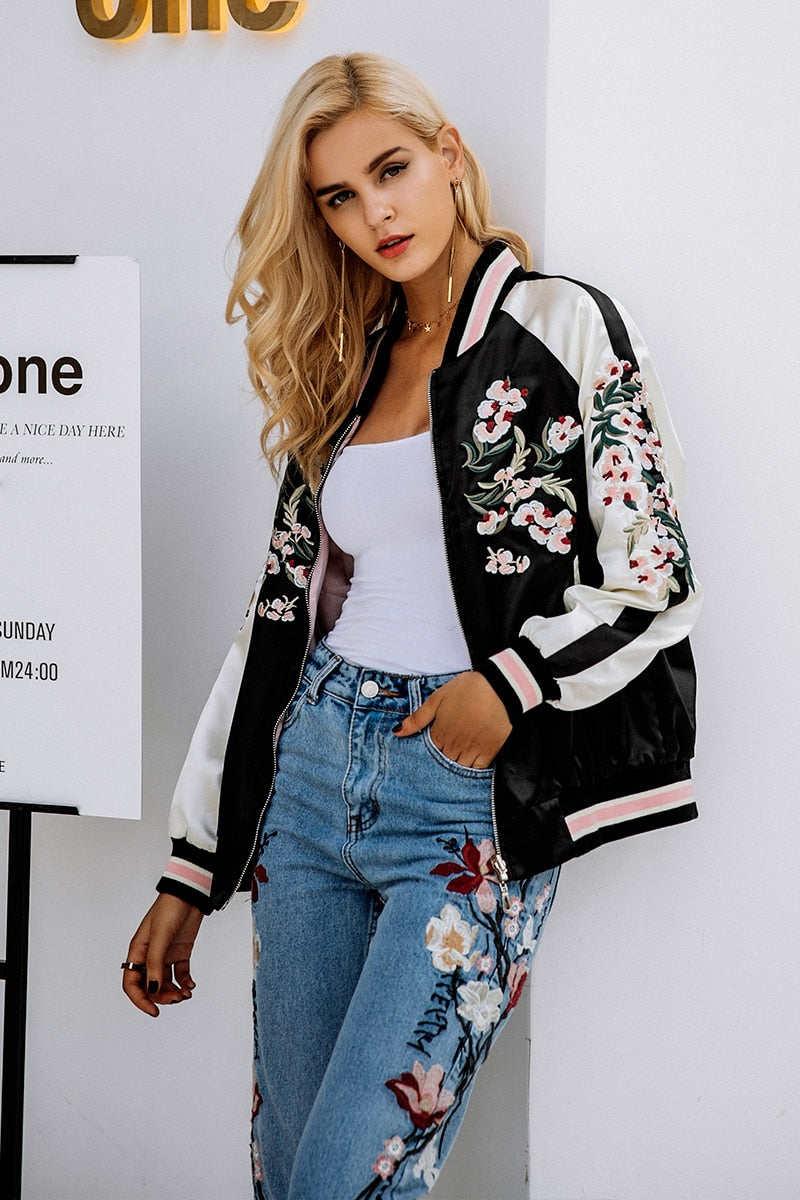 Peaceful Sakura Floral Double Sided Jacket - Black Pink