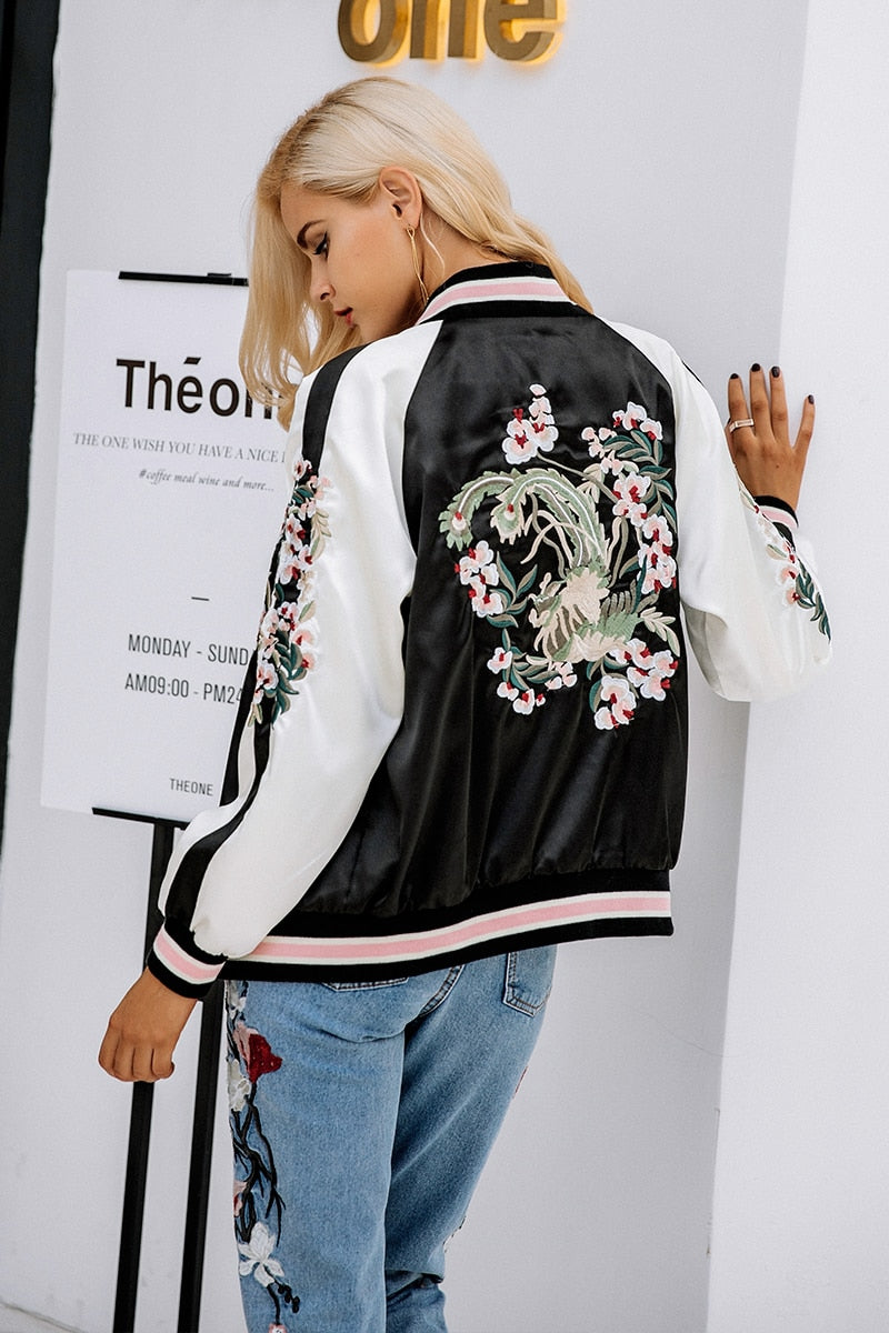Peaceful Sakura Floral Double Sided Jacket - Black Pink