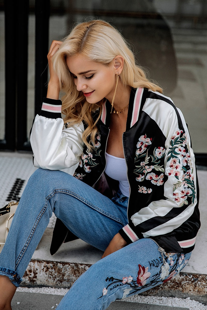 Peaceful Sakura Floral Double Sided Jacket - Black Pink