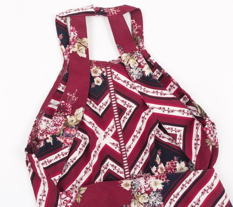 Floral Tiles Halter Maxi Dress - Red