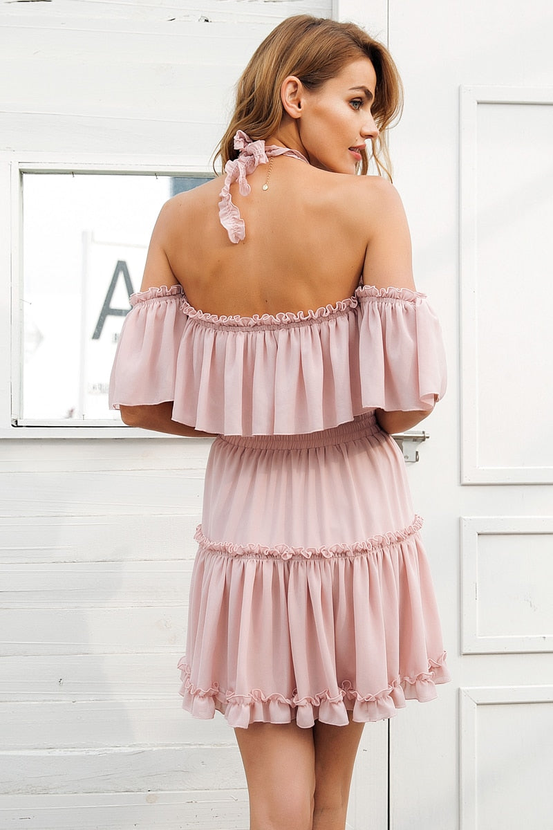 De Rosevella Halter Tie Mini Dress - Nude Pink