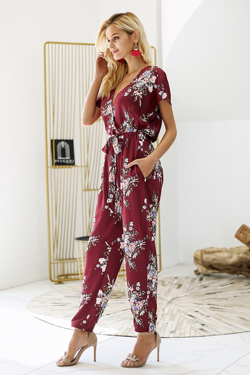 Spring Me Floral Jumpsuit - Burgundy