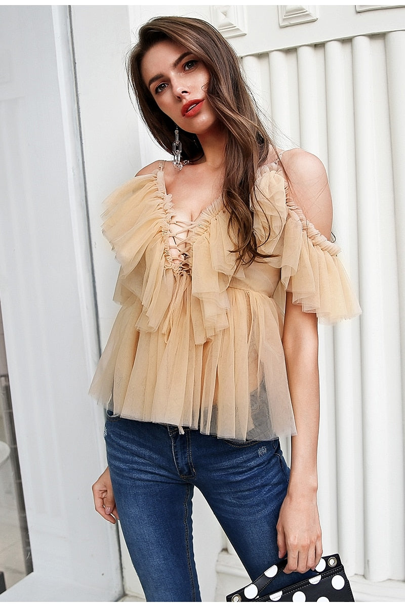 Golden Queen Ruffle Bohemian Blouse - Nude