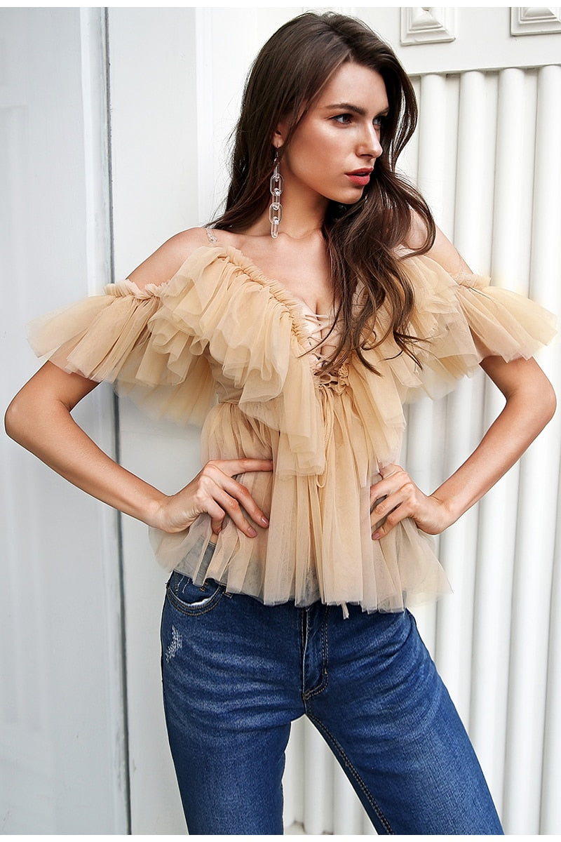 Golden Queen Ruffle Bohemian Blouse - Nude