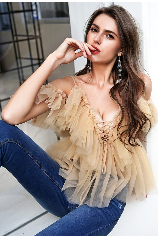 Golden Queen Ruffle Bohemian Blouse - Nude