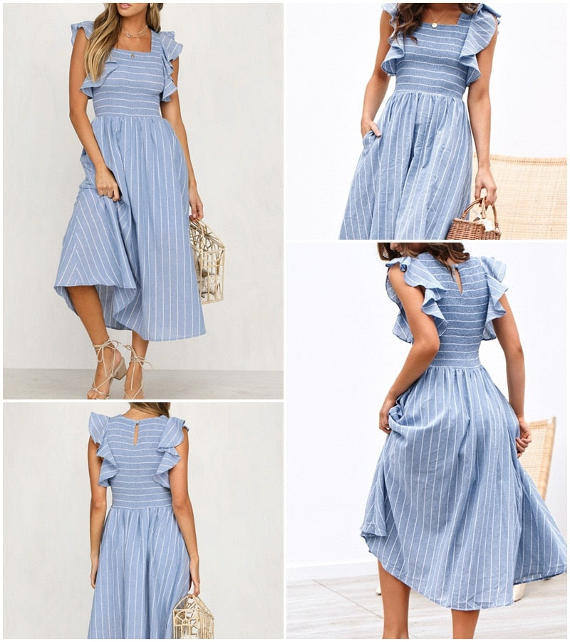 Classic Stripe Mid Calf Dress - Blue