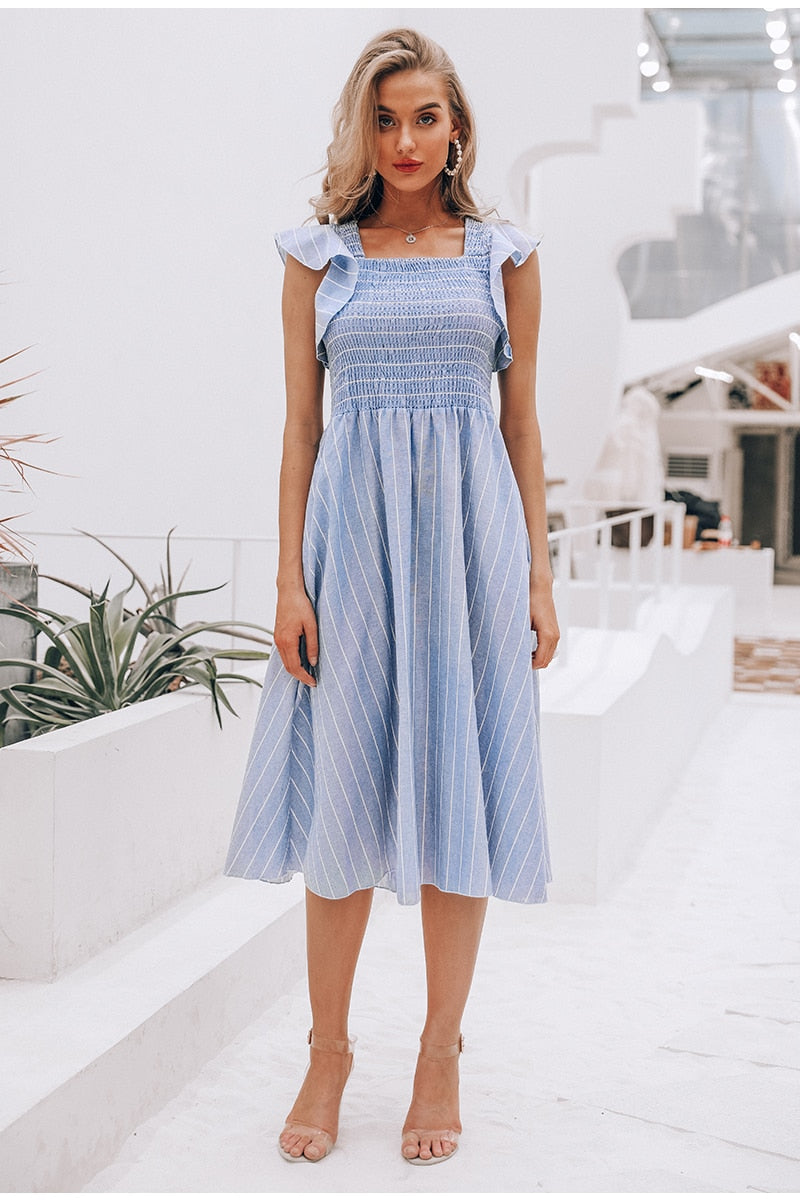 Classic Stripe Mid Calf Dress - Blue