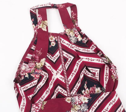 Floral Tiles Halter Maxi Dress - Red