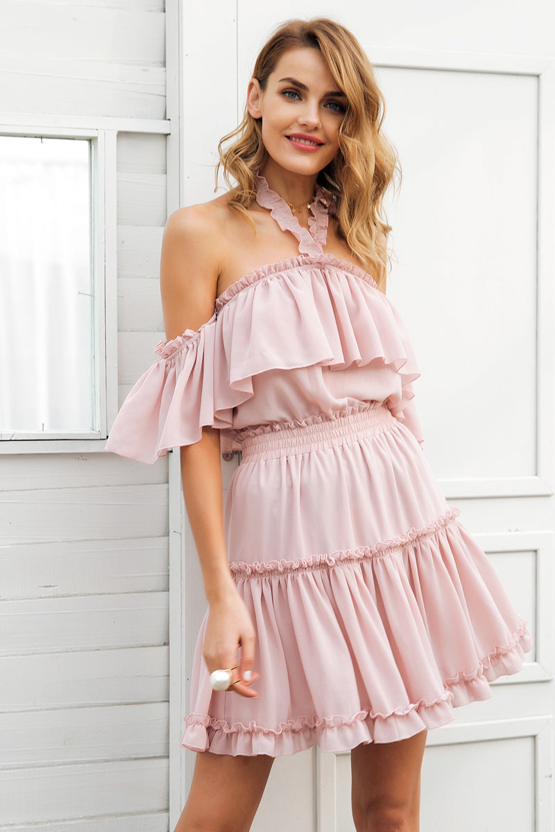 De Rosevella Halter Tie Mini Dress - Nude Pink