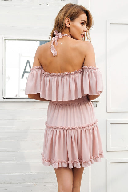 De Rosevella Halter Tie Mini Dress - Nude Pink