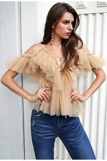 Golden Queen Ruffle Bohemian Blouse - Nude