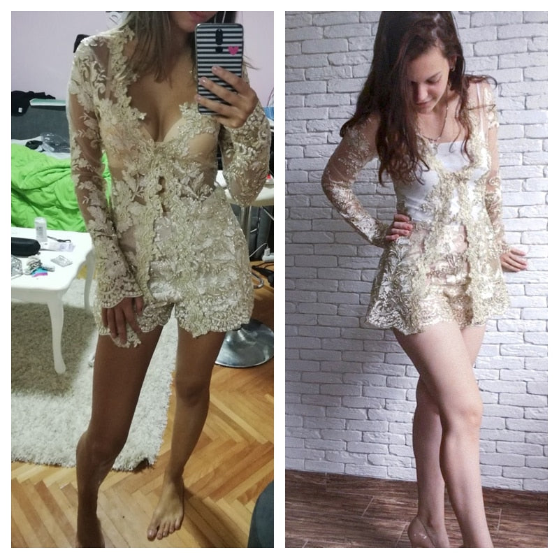 Golden Queen Embroidered Lace Playsuit - Gold