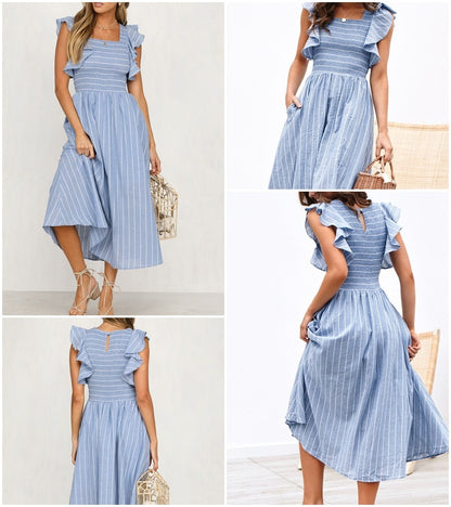 Classic Stripe Mid Calf Dress - Blue