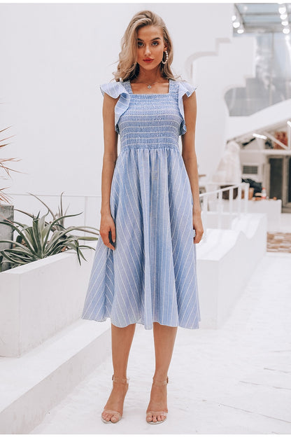 Classic Stripe Mid Calf Dress - Blue