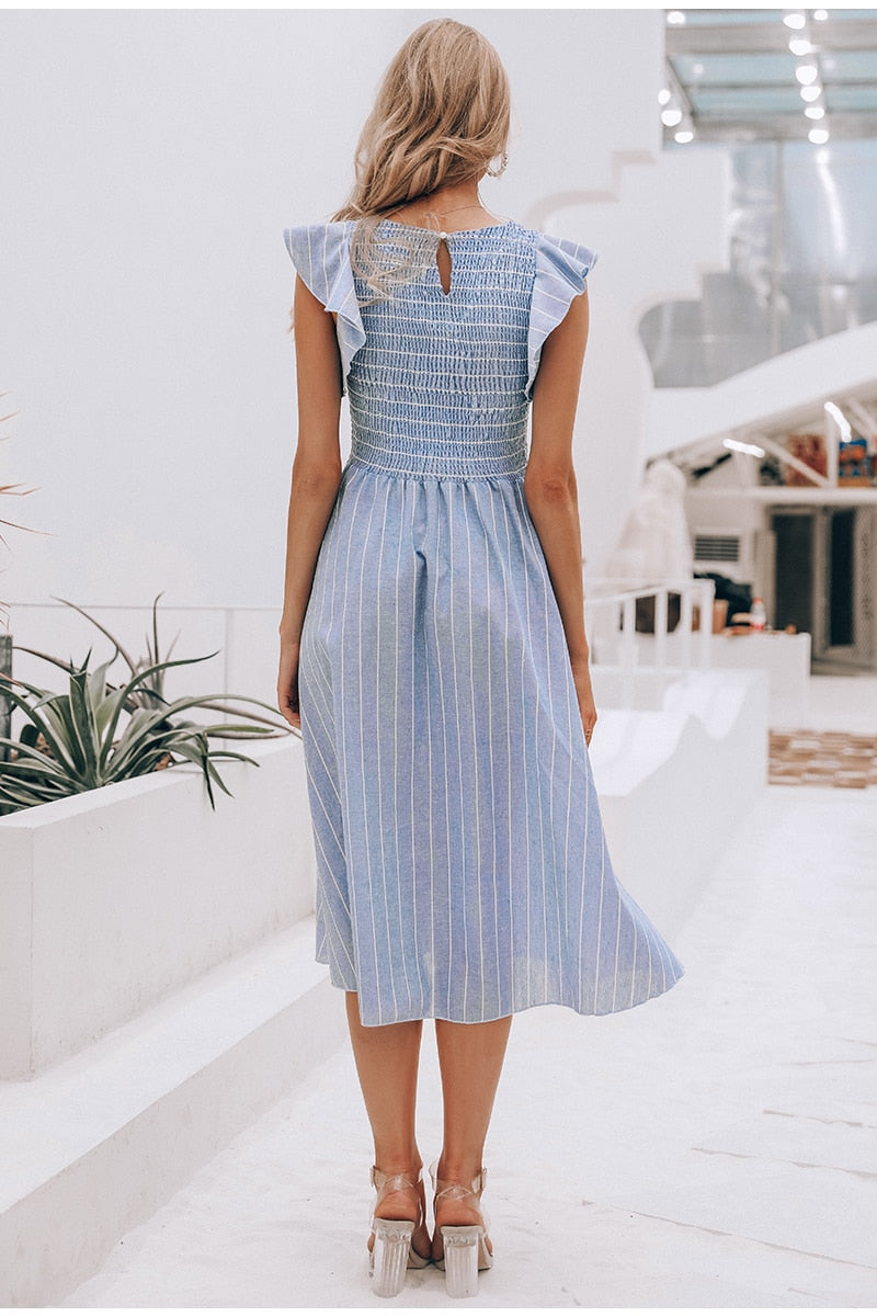 Classic Stripe Mid Calf Dress - Blue